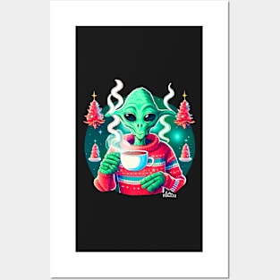 Christmas Funny Alien Drinking Coffee Wearing Sweater Posters and Art